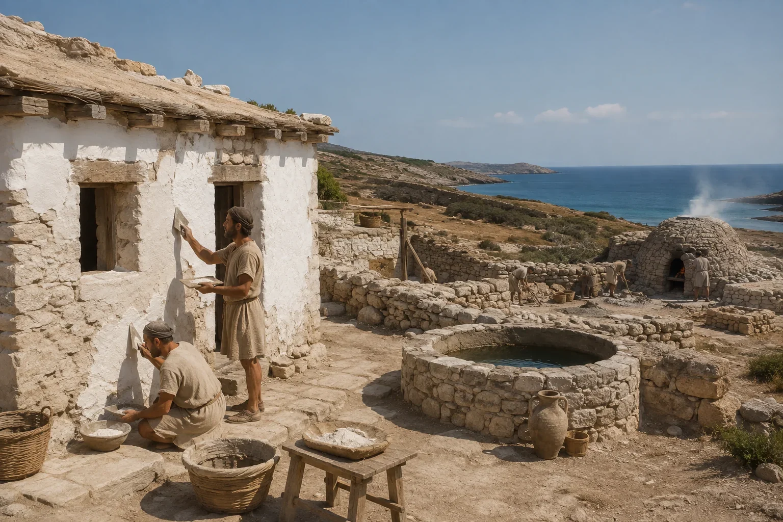 Εργασίες ασβεστοκονιάματος σε παλαιό μεσογειακό οικισμό κοντά στη θάλασσα.