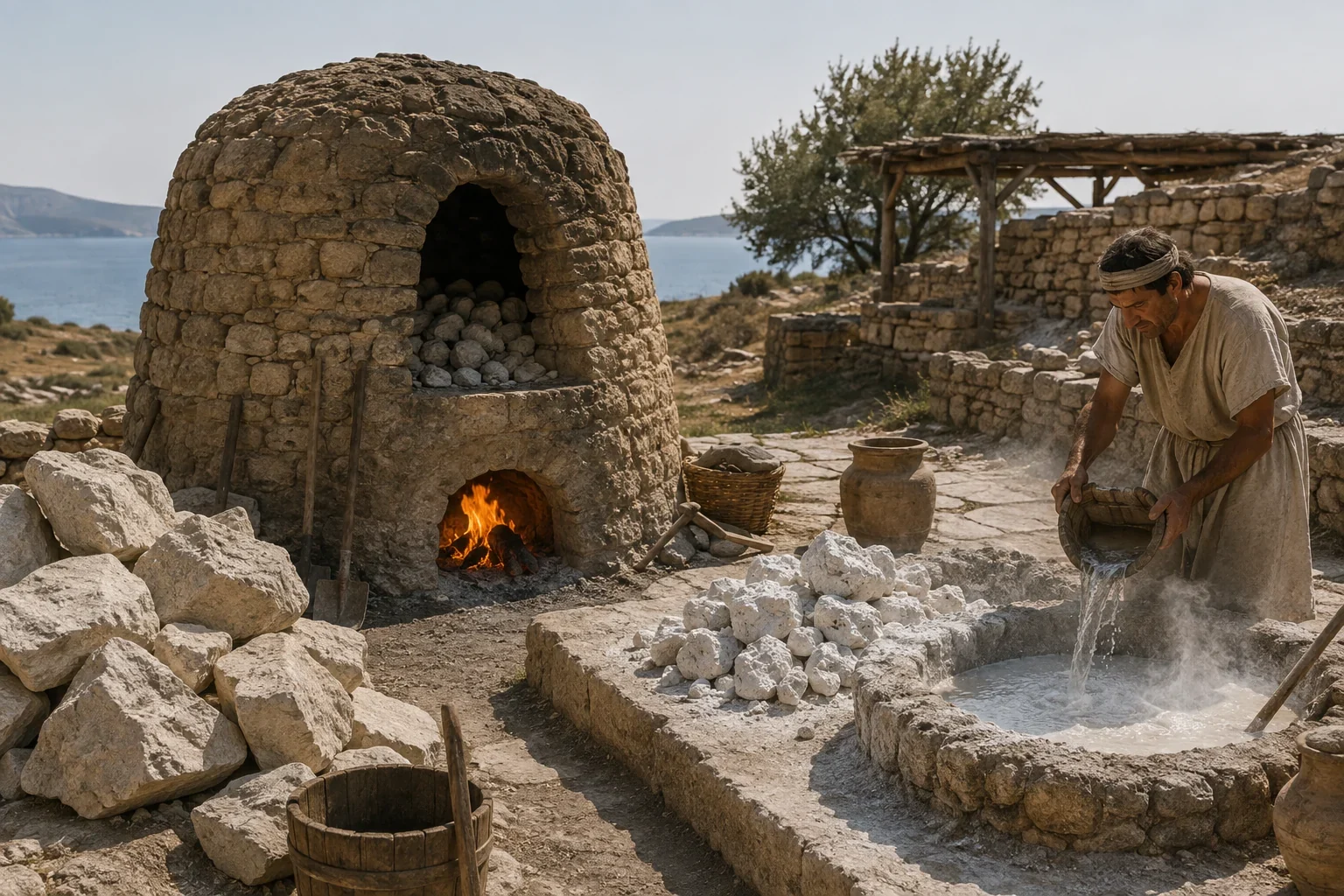 Παραδοσιακή ασβεστοκάμινος, ασβεστόλιθος και σβέση ασβέστη σε πέτρινη δεξαμενή.