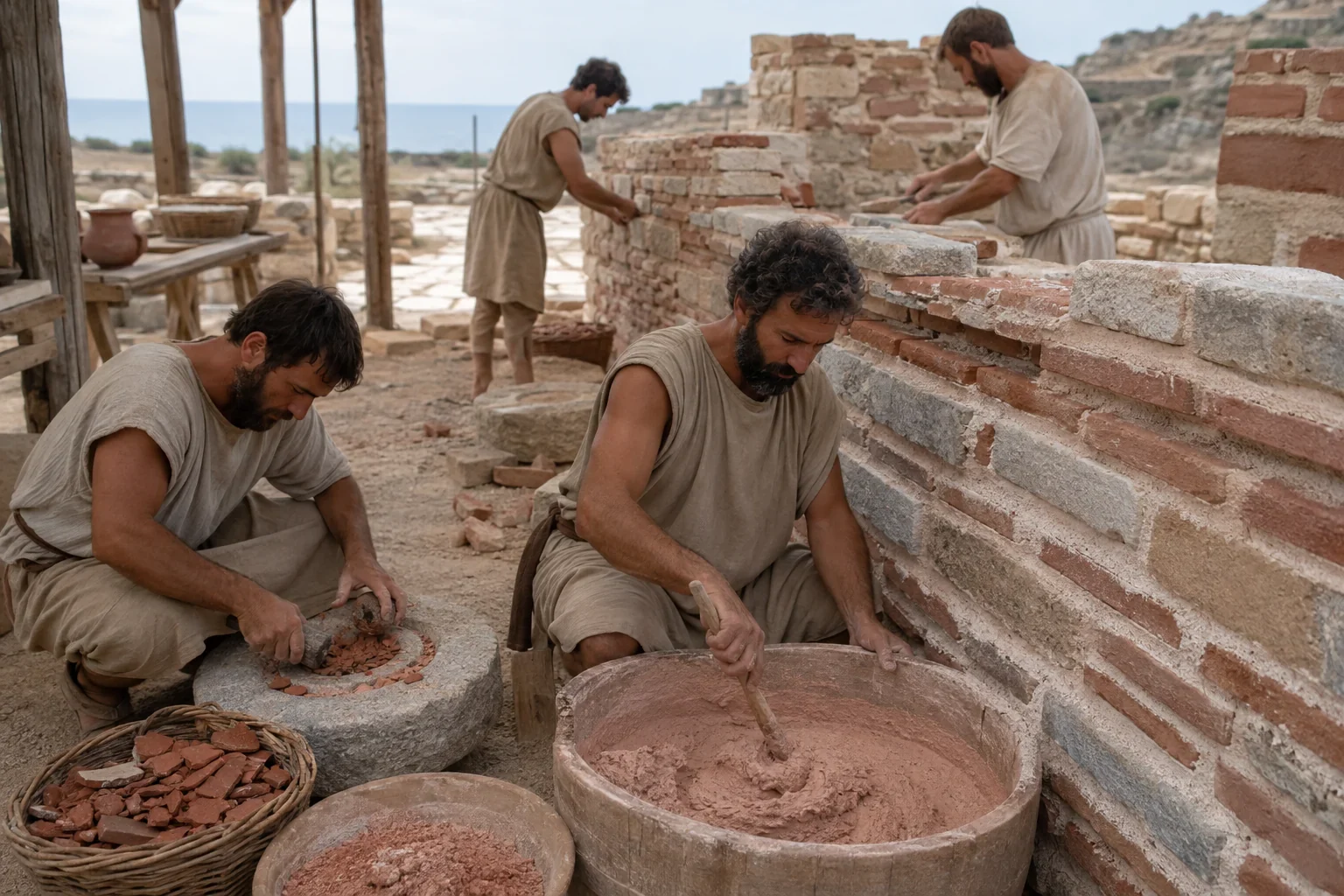 Τεχνίτες θρυμματίζουν κεραμίδια και αναμειγνύουν ροδόχρωμο κονίαμα δίπλα σε πλινθοδομή.