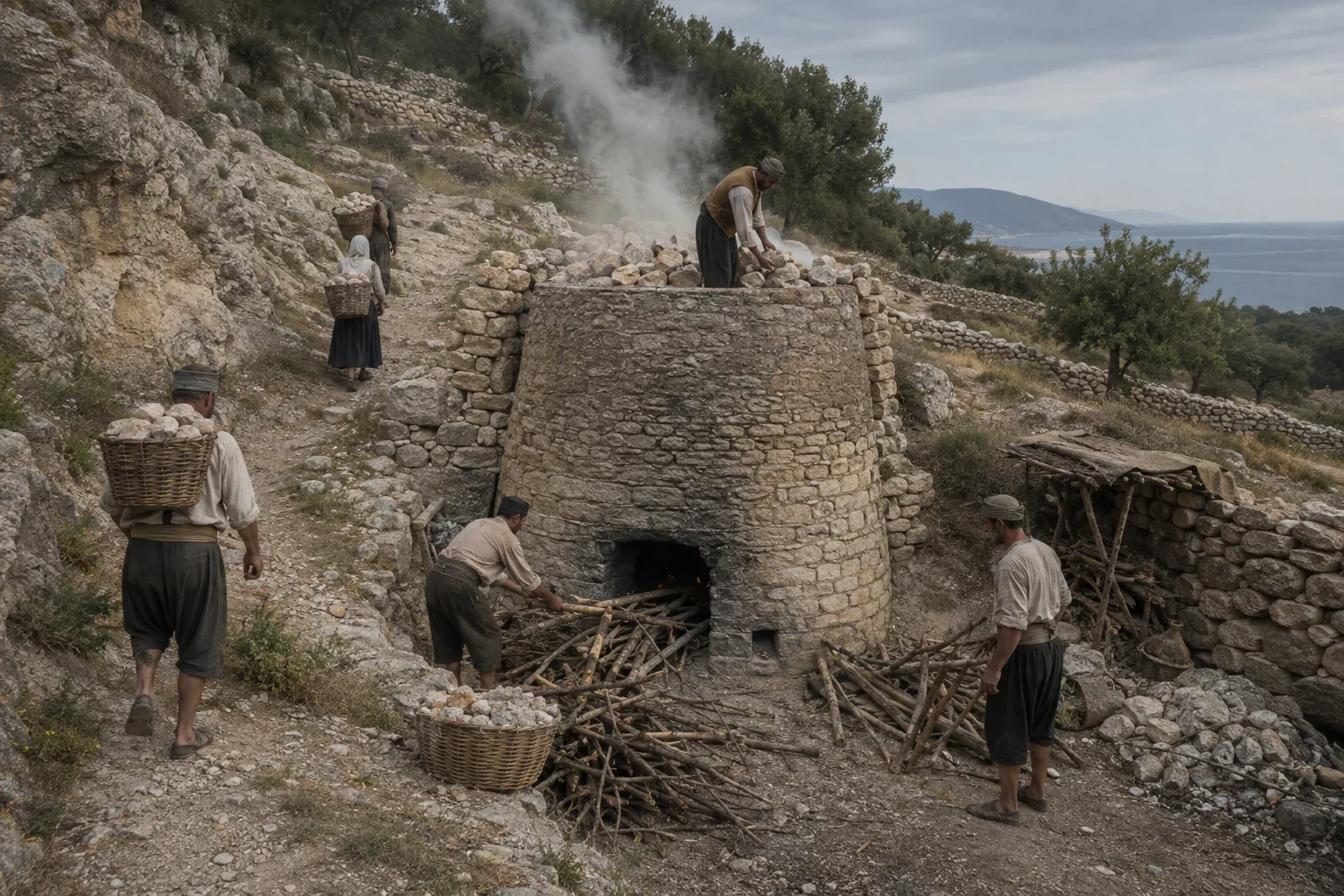 Εργάτες μεταφέρουν ασβεστόλιθο και τροφοδοτούν με ξύλα πέτρινη ασβεστοκάμινο σε πλαγιά.