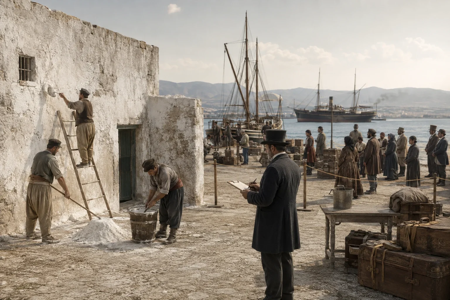 Εργάτες ασβεστώνουν κτίριο καραντίνας ενώ υπάλληλος επιβλέπει ταξιδιώτες και φορτία στο λιμάνι.