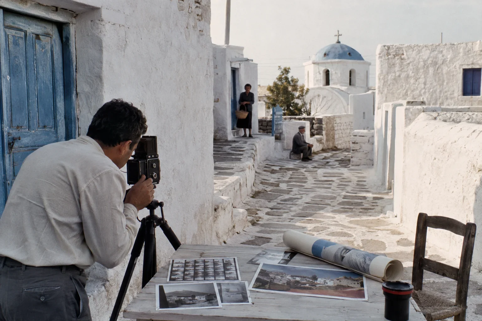 Φωτογράφος με παλαιά μηχανή φωτογραφίζει λευκό κυκλαδίτικο σοκάκι δίπλα σε τυπωμένες εικόνες.