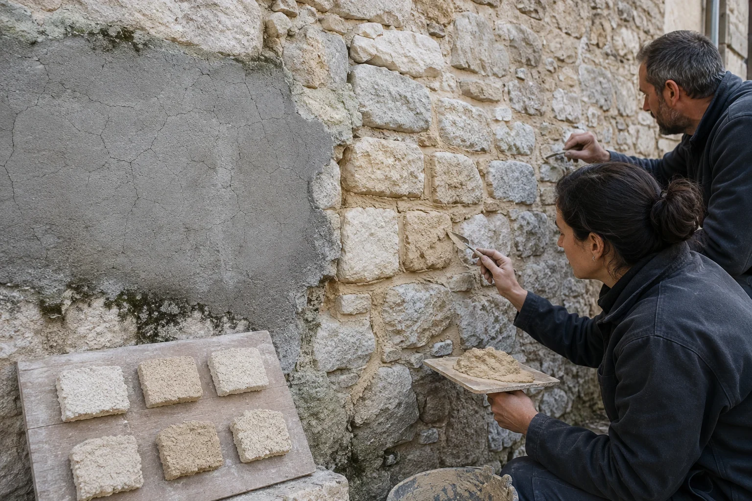 Συντηρητές αρμολογούν παλαιά πέτρινη τοιχοποιία δίπλα σε ρηγματωμένο γκρίζο επίχρισμα και δοκιμαστικά δείγματα.