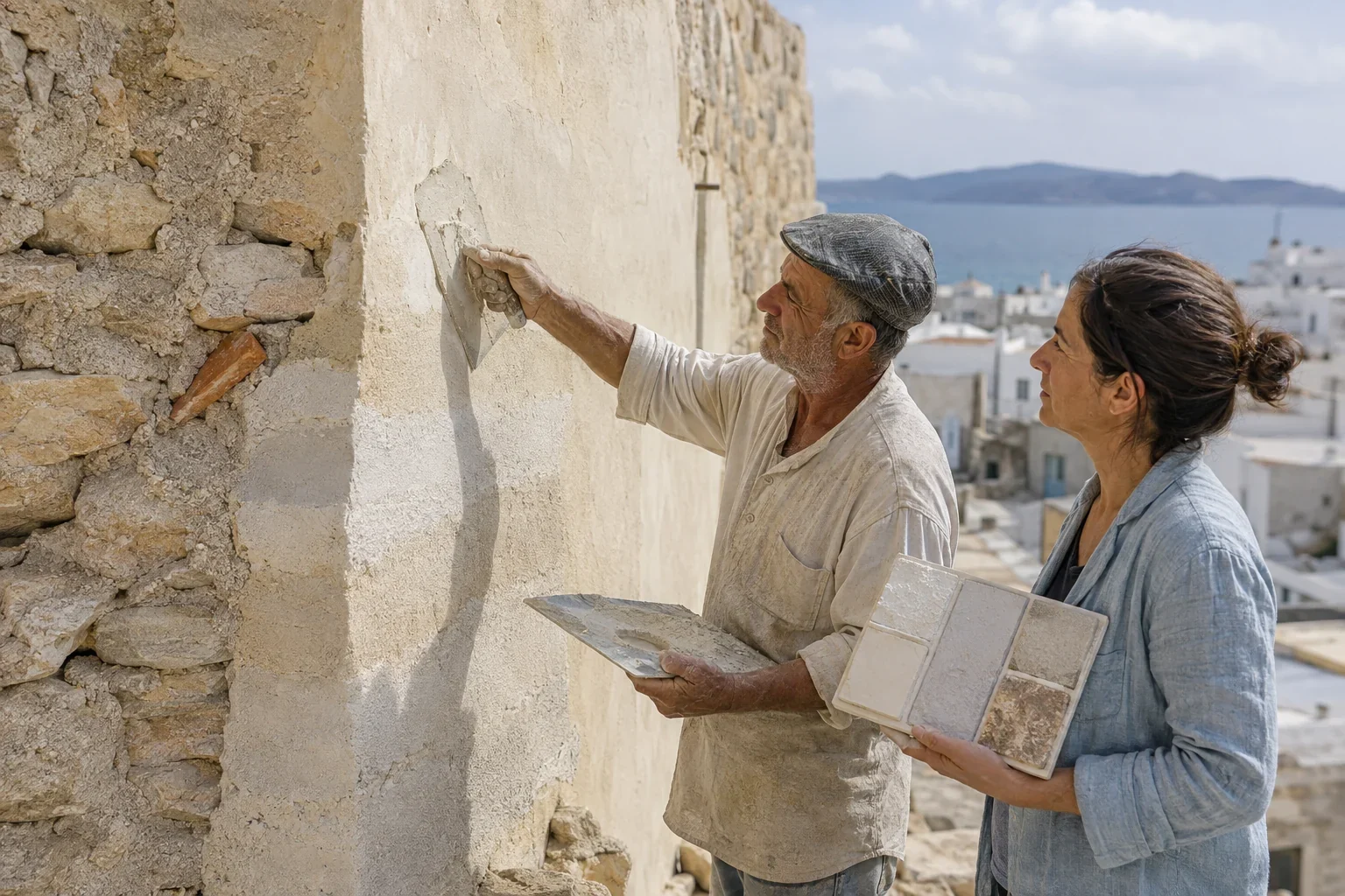 Τεχνίτης επιχρίει παλαιά νησιωτική τοιχοποιία ενώ ειδικός συγκρίνει δοκιμαστικές επιφάνειες.