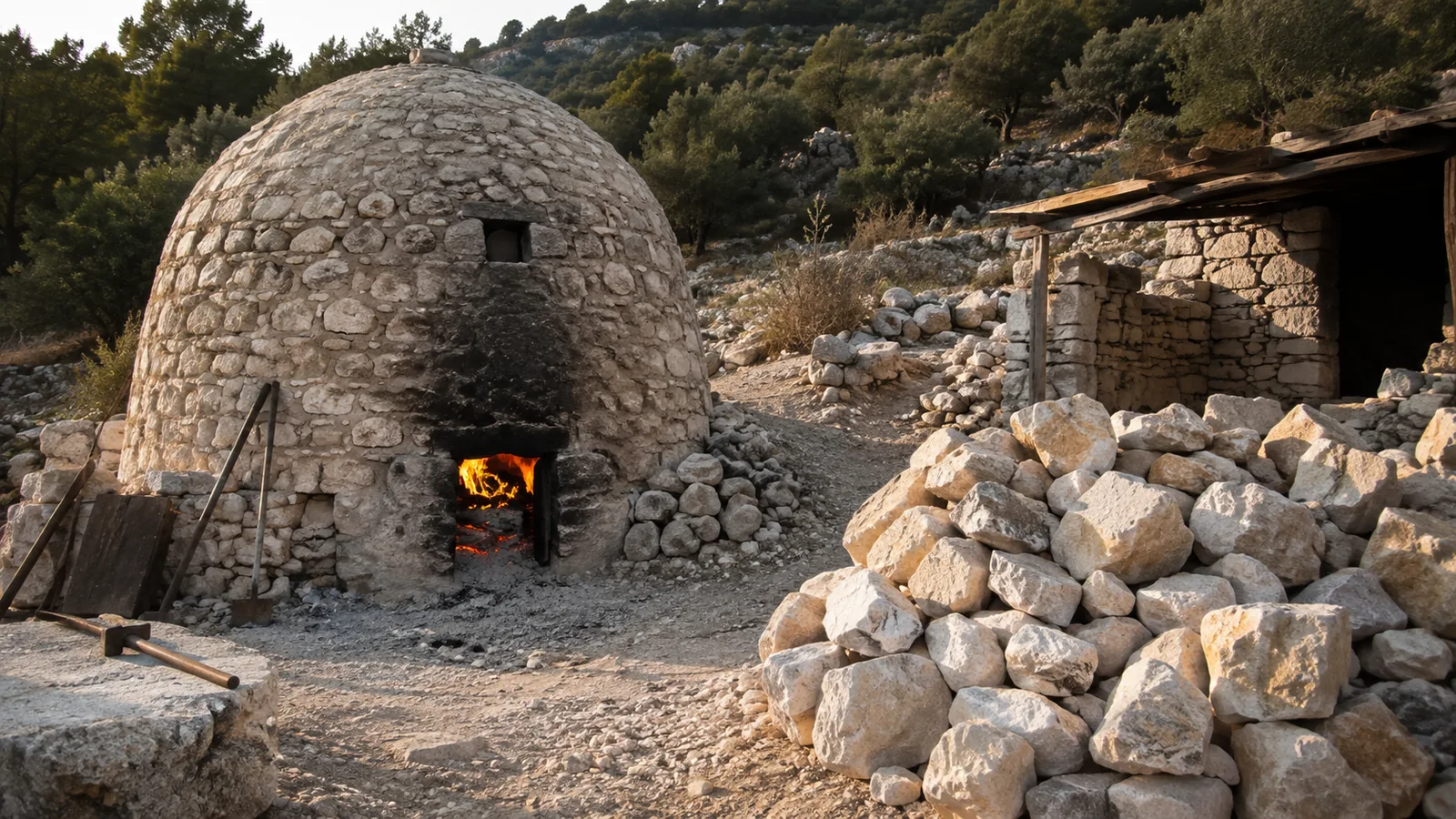 Παραδοσιακό ασβεστοκάμινο σε λειτουργία με σωρούς ασβεστόλιθου