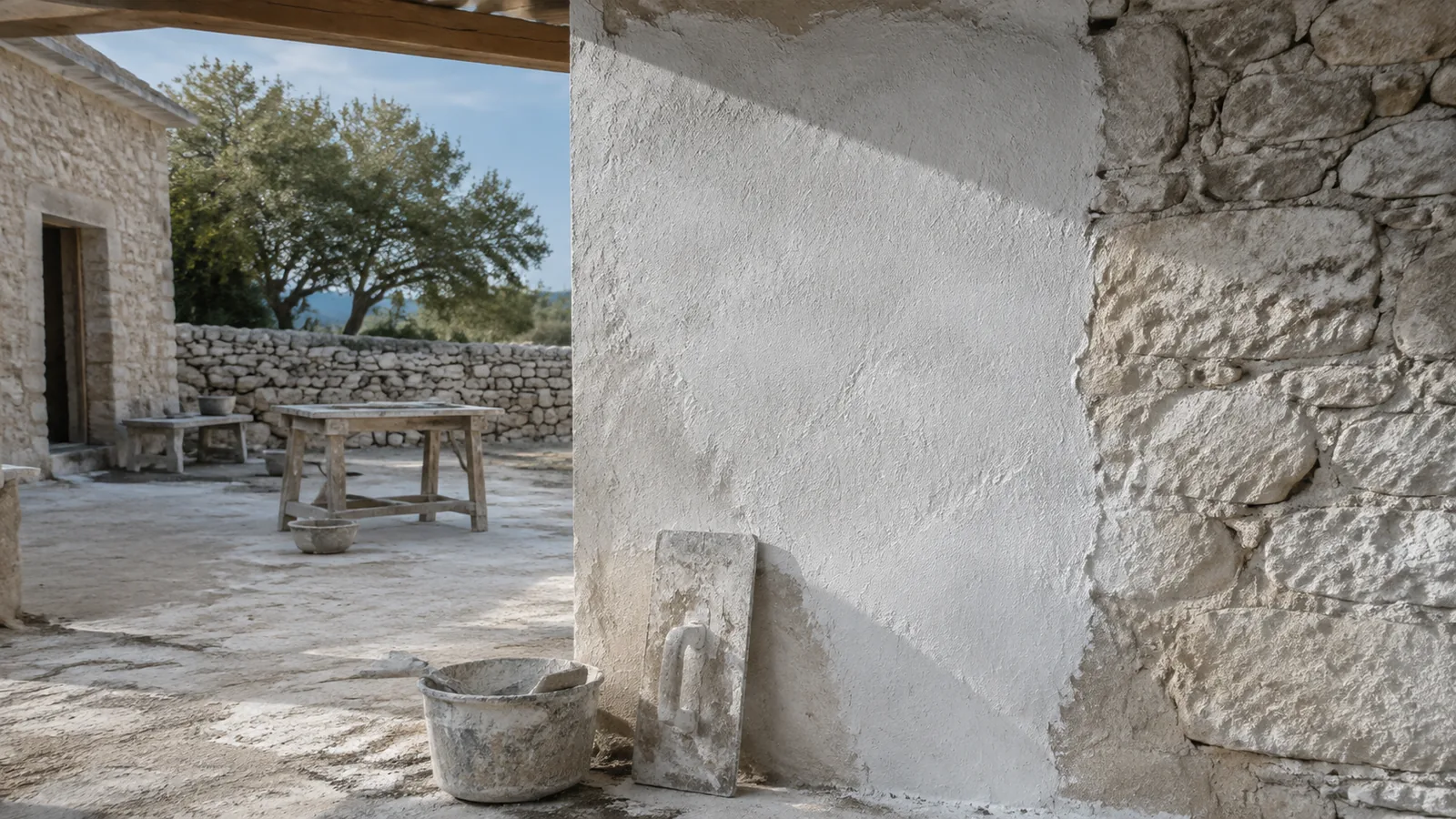 Ασβεστωμένος τοίχος σε αυλή με πέτρινη τοιχοποιία και ελιές
