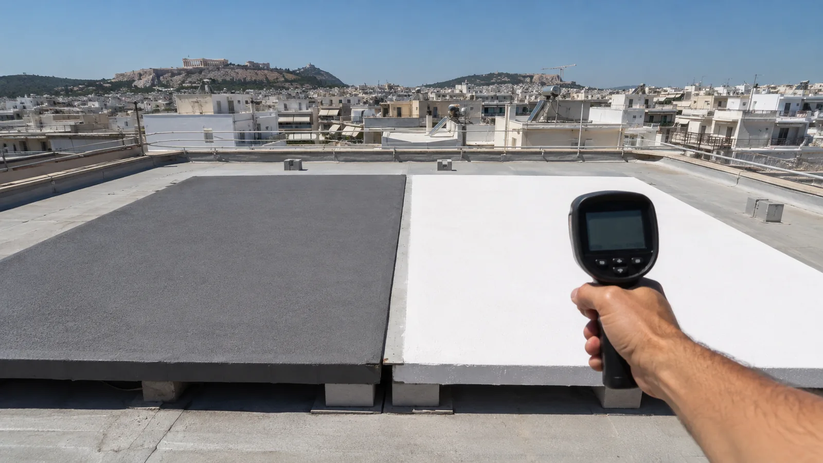 Μέτρηση θερμοκρασίας ταράτσας με θερμόμετρο υπερύθρων