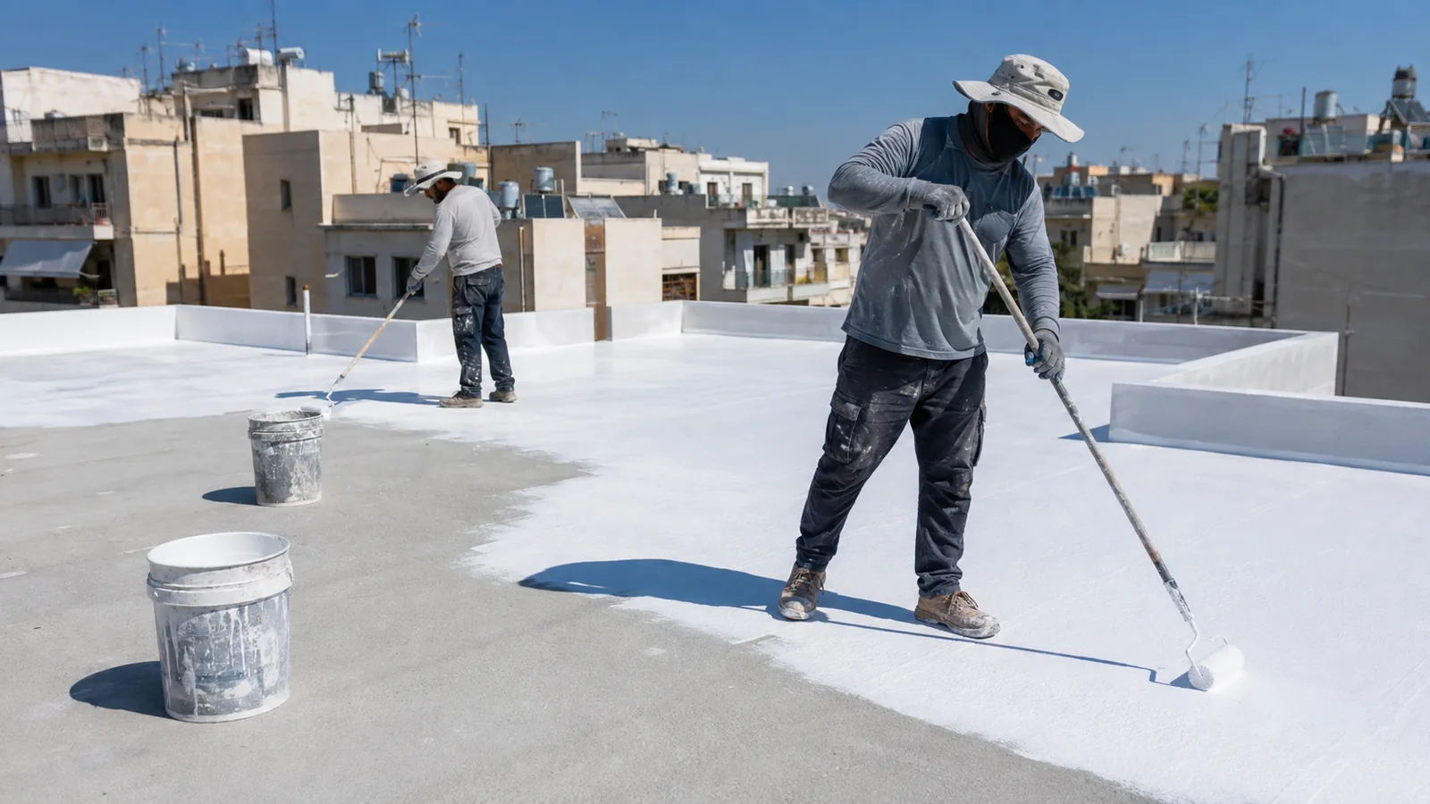 Συνεργείο βάφει ταράτσα με λευκό ανακλαστικό υλικό